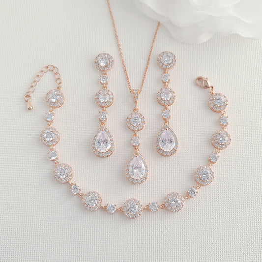 Earrings Necklace Bracelet 3 Piece Jewelry Set Rose Gold- Reagan