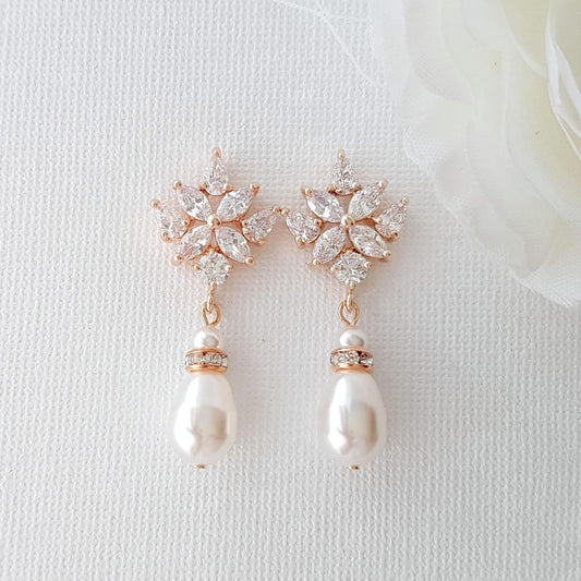 Rose Gold Bridal Earrings with Pearl Drops- Rosa