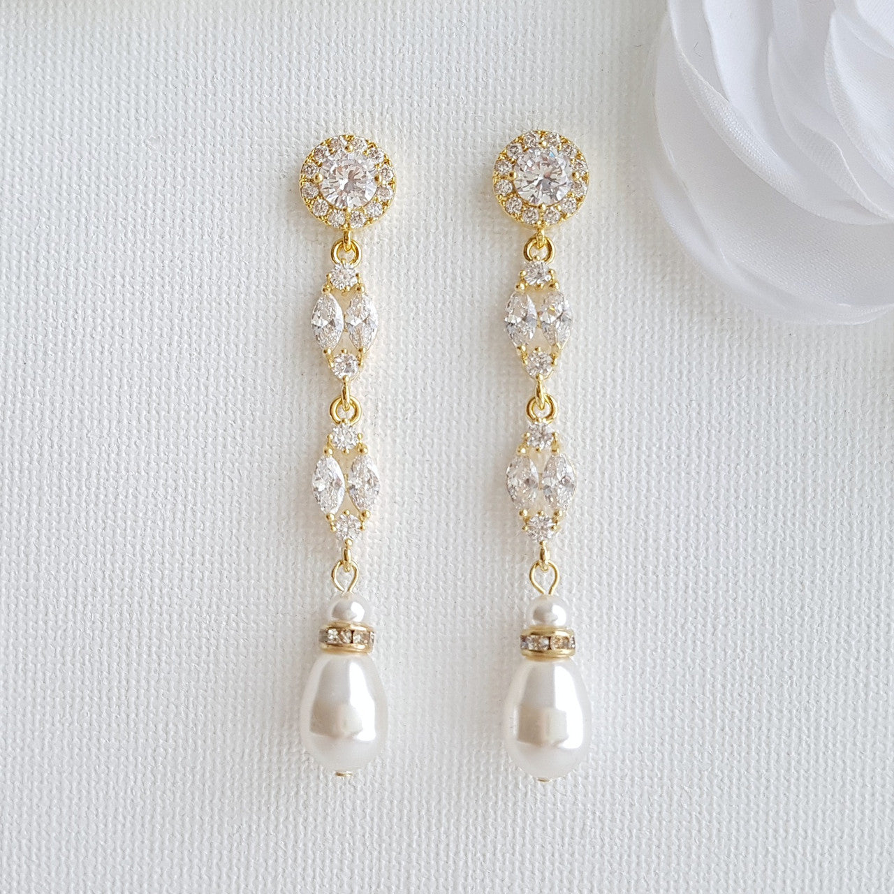 Long and Elegant Gold bridal earrings with Pearl Drop for Weddings- Poetry Designs