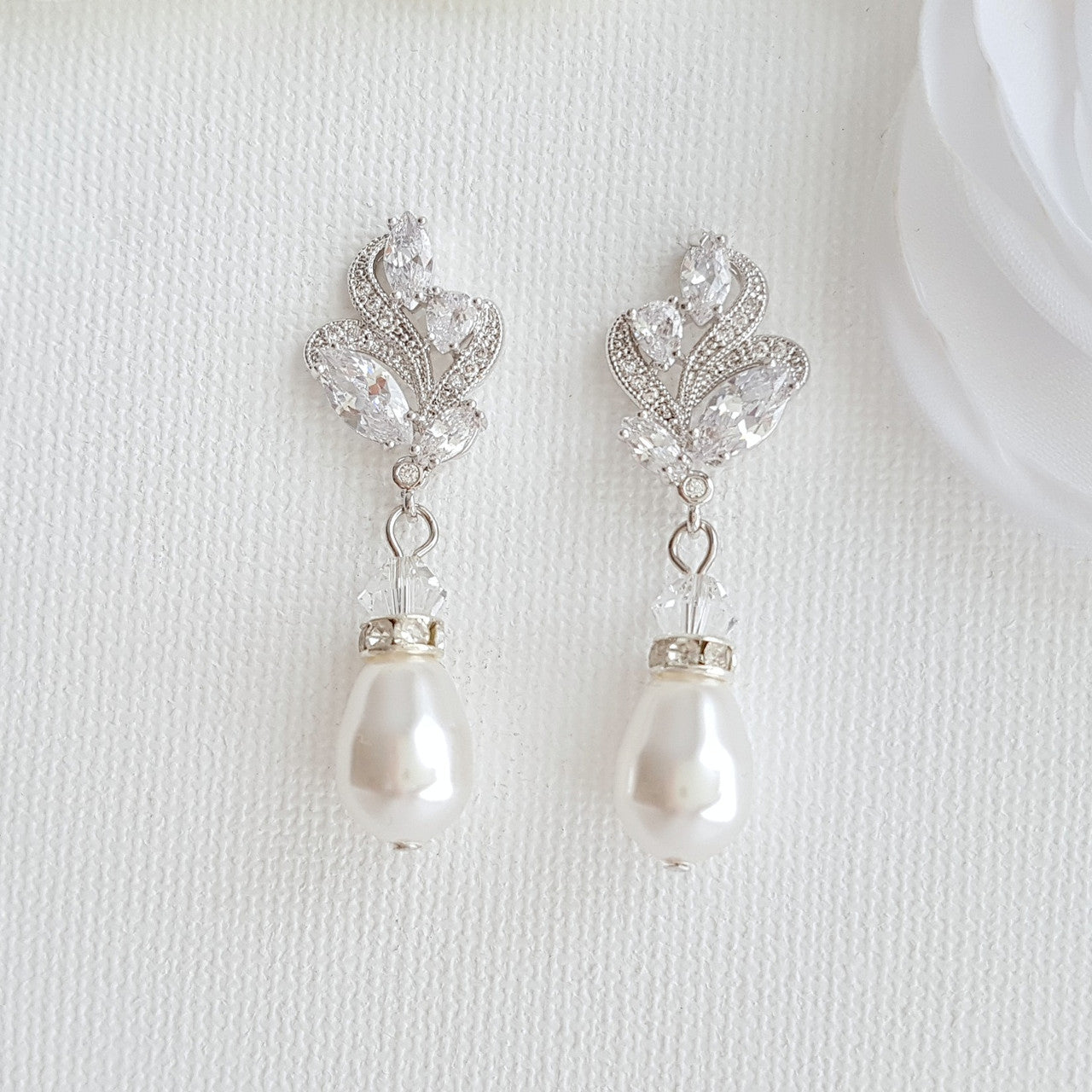 Gold Bridal Earrings With Pearl Drops-Wavy