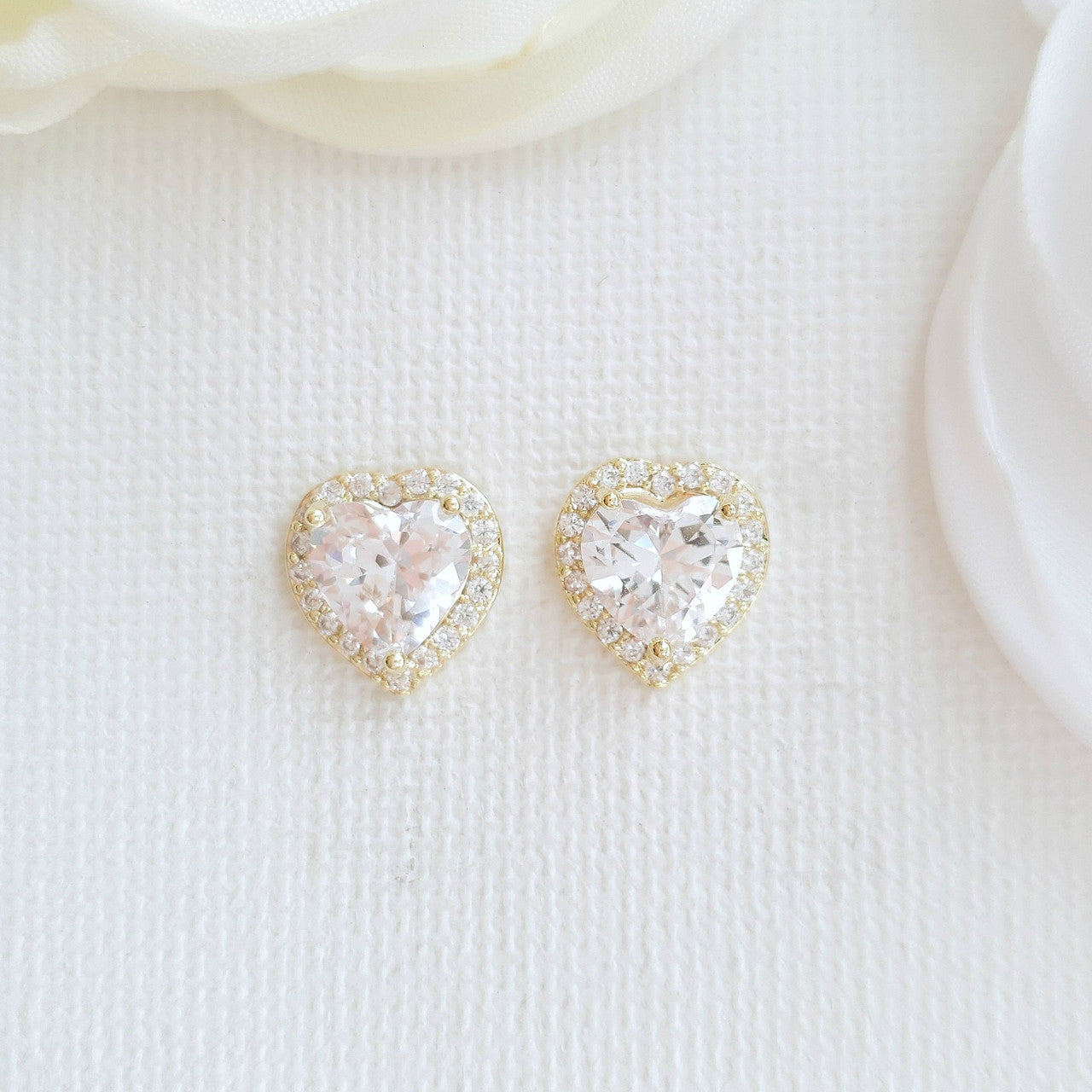 14K Gold Cubic Zirconia Heart Earrings Studs -Diana