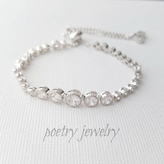 Crystal Bridal Bracelet, Simple Bridesmaid Bracelet, Tennis Bracelet, Adjustable Wedding Bracelet, Rose Gold, Gold, Bridal Jewelry, Zara