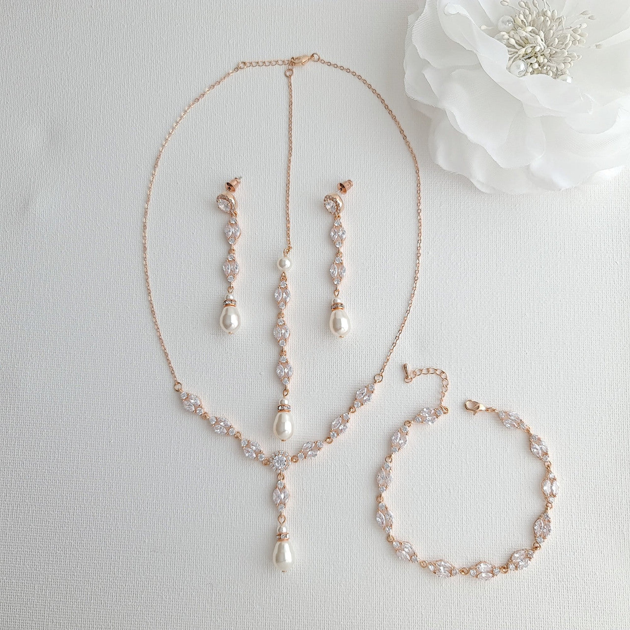 Gold Bridal Jewellery Set with Pearl Crystal Earrings Back Necklace Bracelet Set-Hayley