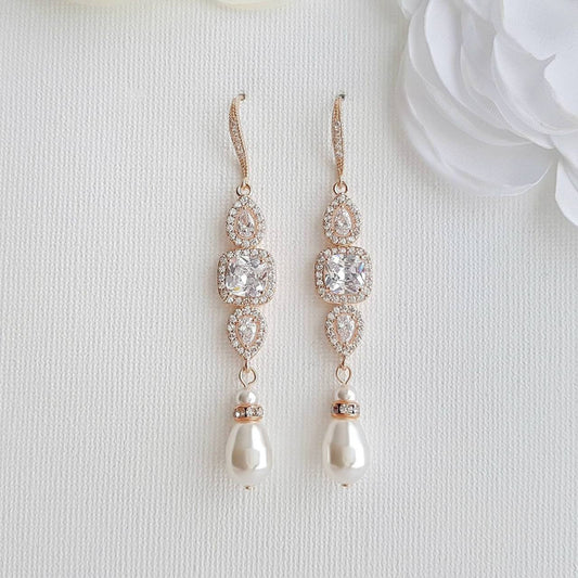 Rose Gold Pearl Drop Wedding Earrings-Gianna