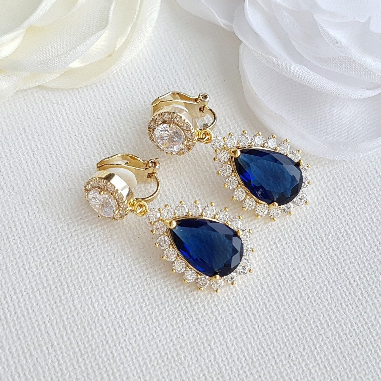 Blue and Gold Clip On Earrings for Brides-Aoi