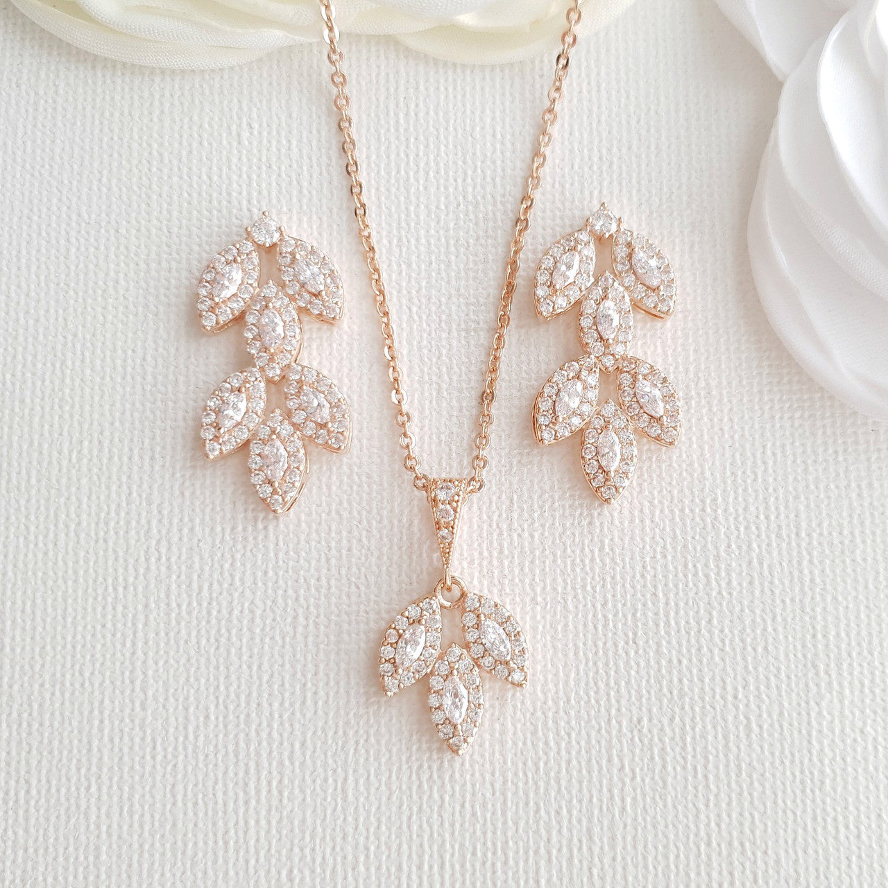 Rose Gold Bridal Jewellery Set With Stud Earrings Necklace for