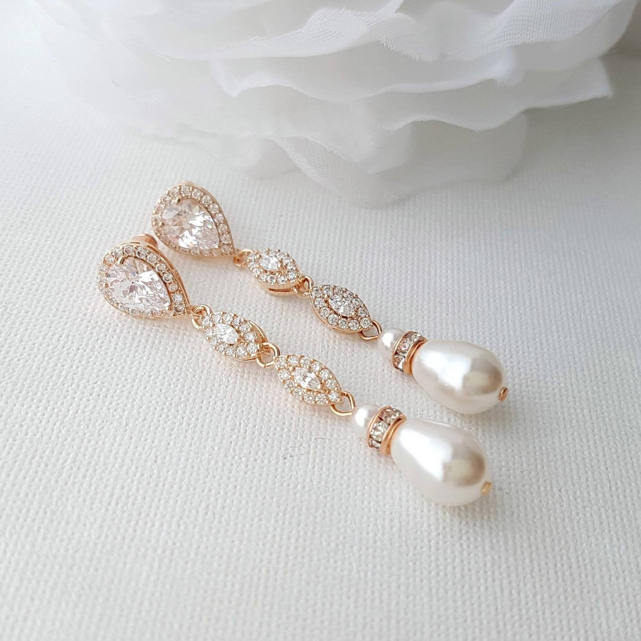 Rose Gold Pearl Earrings-Abby