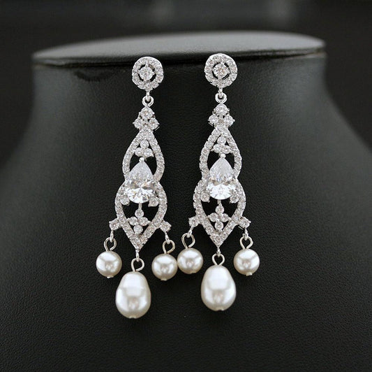 Elegant Pearl Drop Chandelier Earrings for a Graceful Bridal Look -Laura