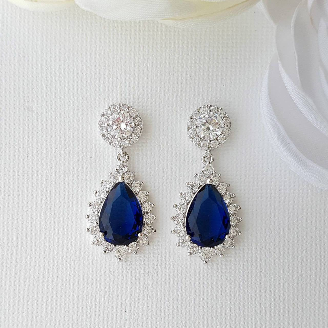 Sapphire Blue Clip On Bridal Earrings-Aoi