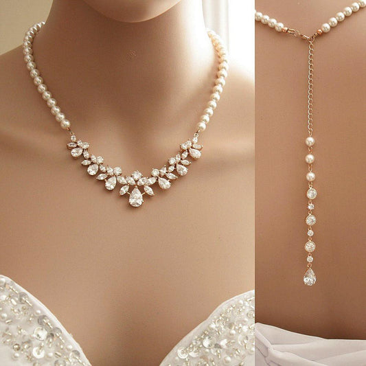 Rose Gold Backdrop Necklace, Bridal Back Necklace, Crystal Pearl Wedding Necklace, Romantic Wedding Necklace Bridal Jewelry, Nicole