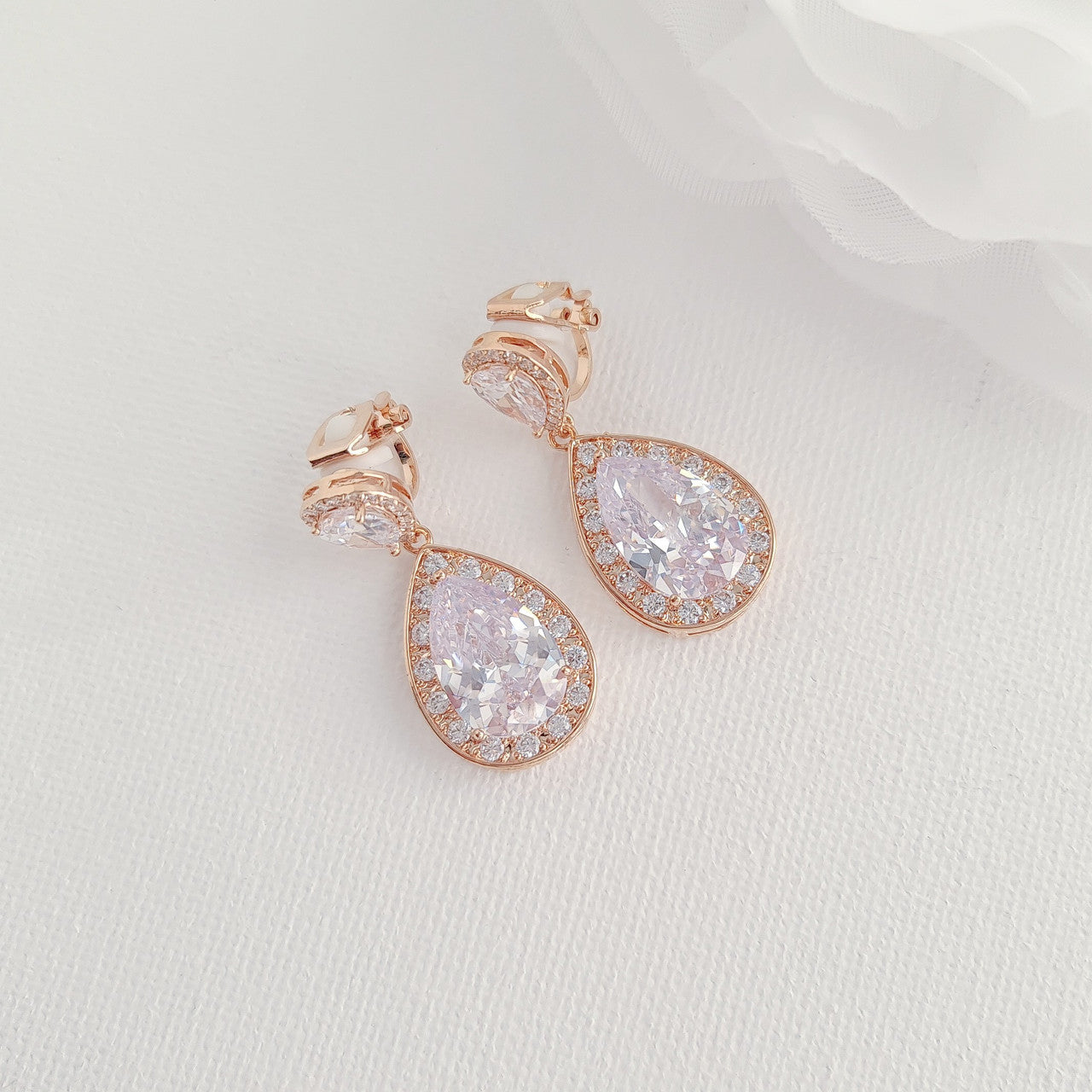 Teardrop Gold Clip On Wedding Earrings-Evelyn