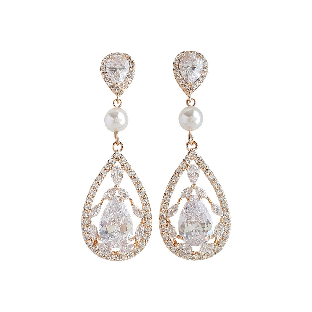 Long Rose Gold Clip On Earrings for Weddings with Pearls & Crystals-Esther