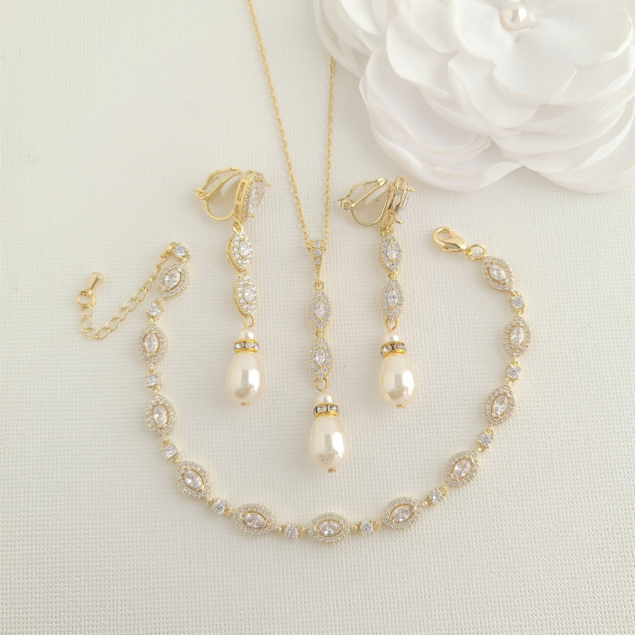 Bridal Jewellery Set With Clip On Earrings Necklace Bracelet- Abby