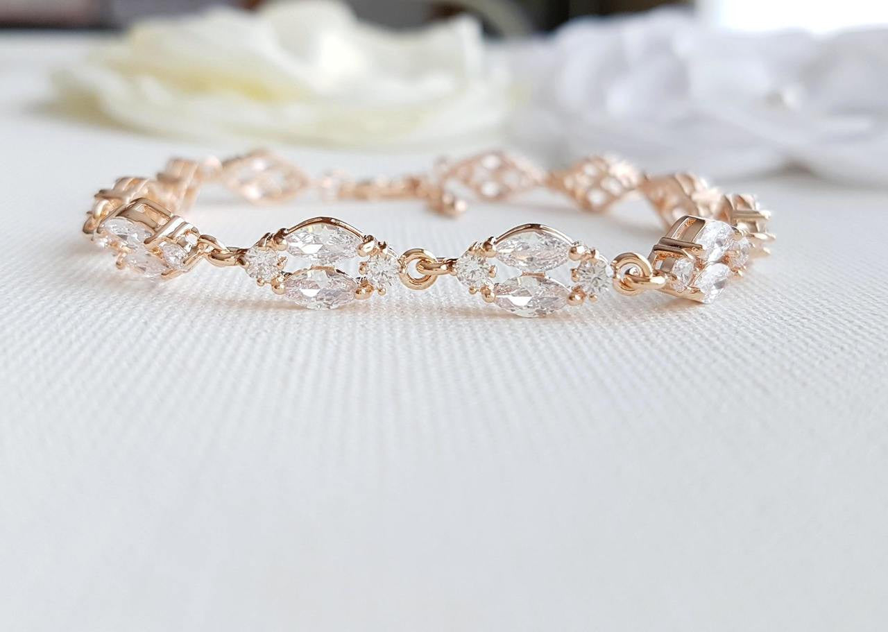 Dainty Rose Gold Crystal Bracelet for Weddings and Brides-Hayley