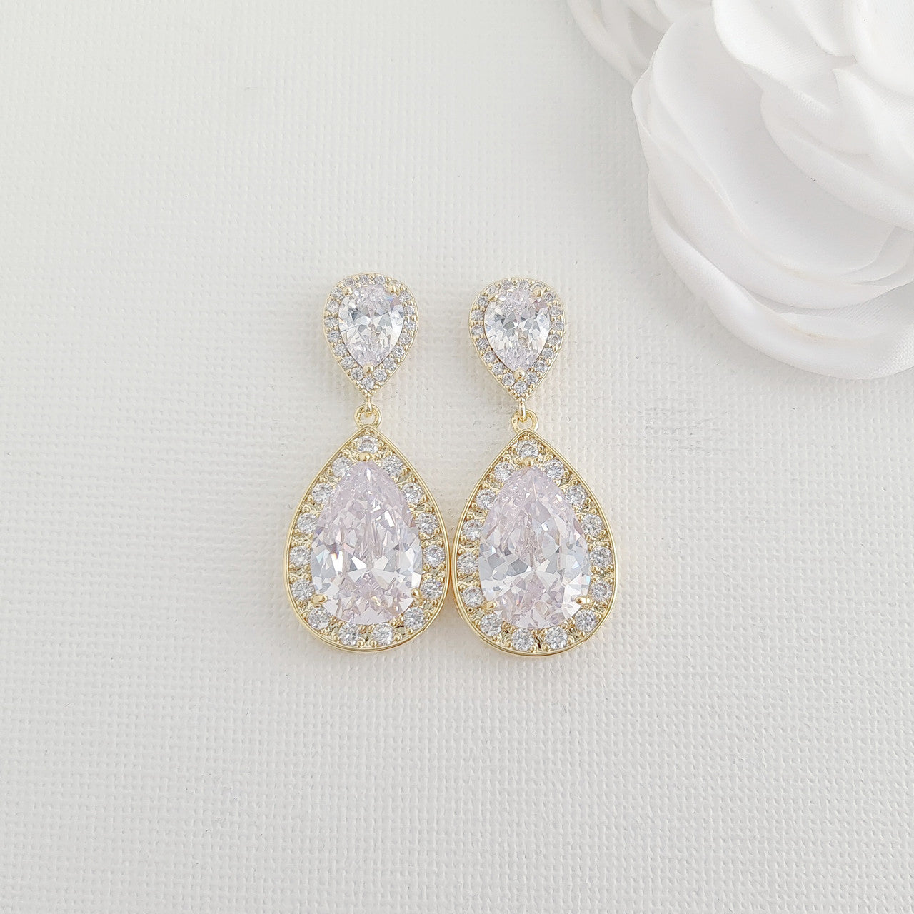 Teardrop Gold Clip On Wedding Earrings-Evelyn