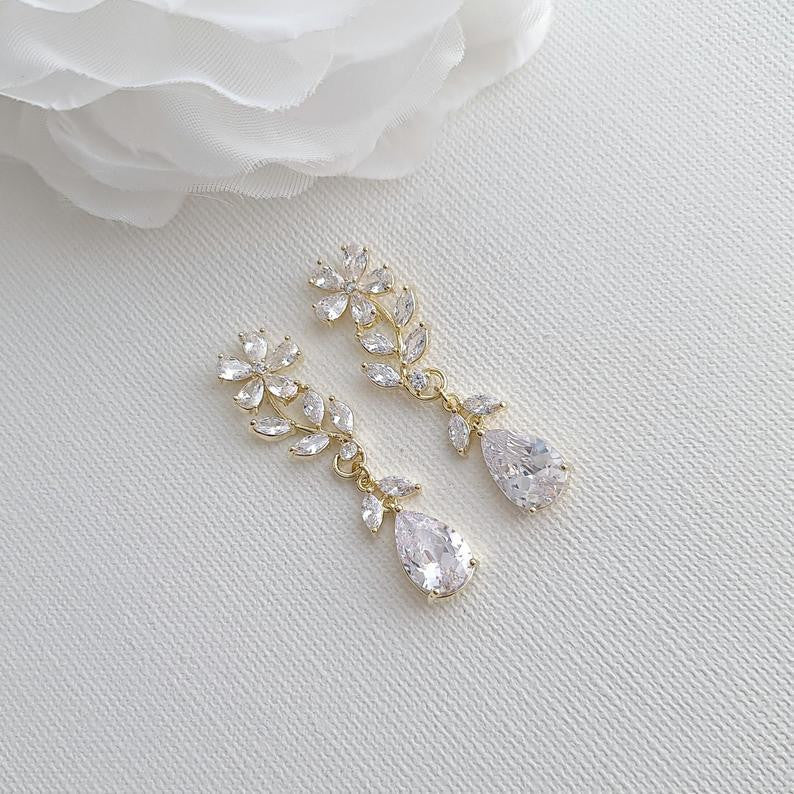 Gold Flower & Leaf Bridal Earrings -Daisy