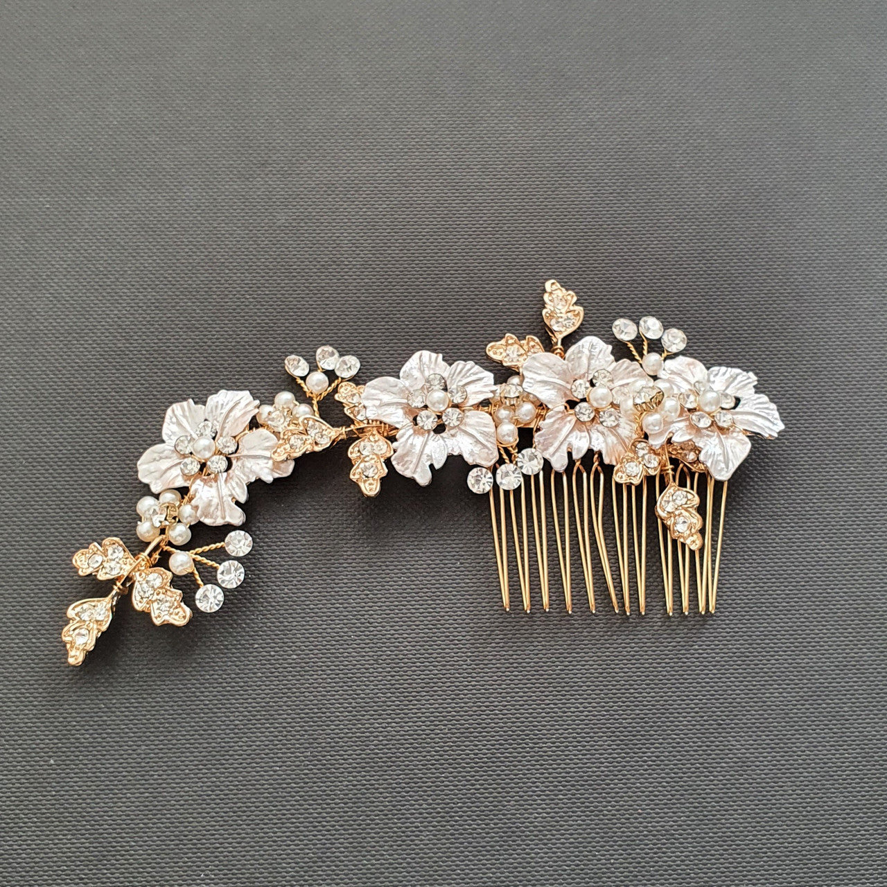 Rose Gold Hair Comb for Brides with Leaf and Flower-Gardenia