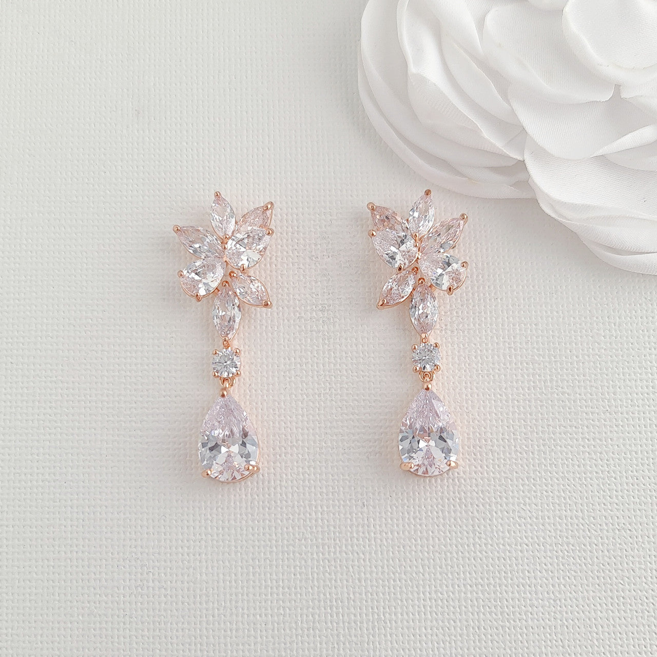 Gold Floral Bridal Earrings with Teardrops-Ivy