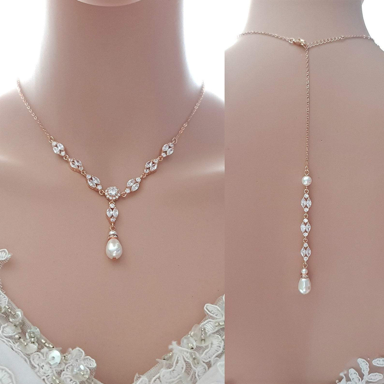 Gold Bridal Jewellery Set with Pearl Crystal Earrings Back Necklace Bracelet Set-Hayley