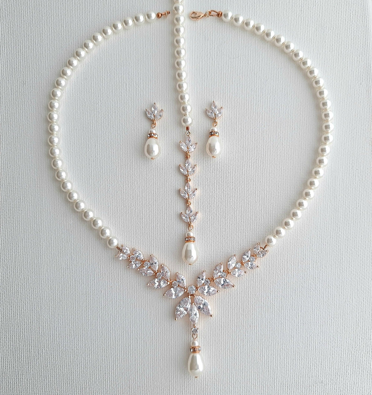 Pearl Bridal Jewelry Set in Ivory White Pearl Color with Necklace, Backdrop & Earrings-Katie