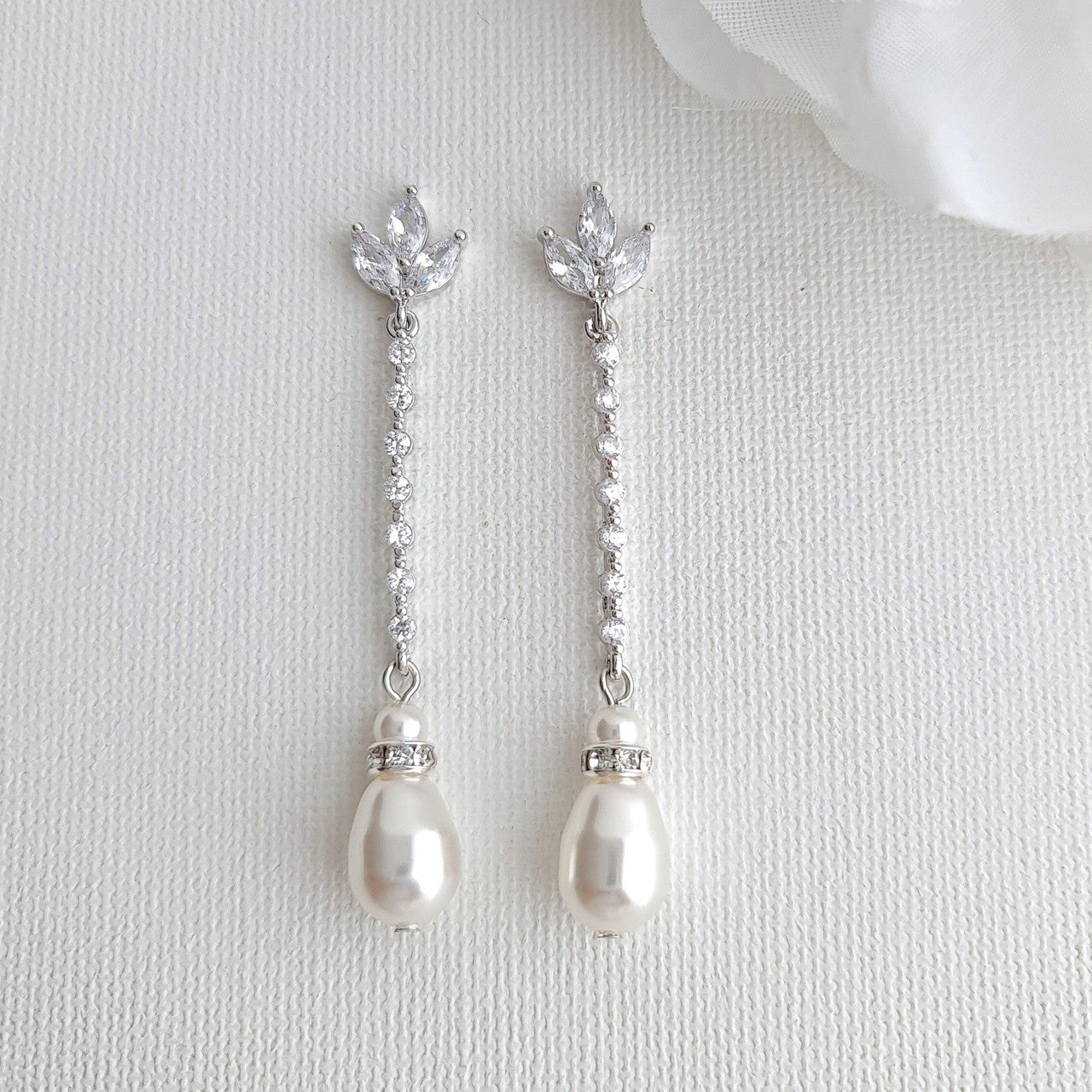 Skinny Long Pearl Drop Earrings in Rose Gold -Jodi