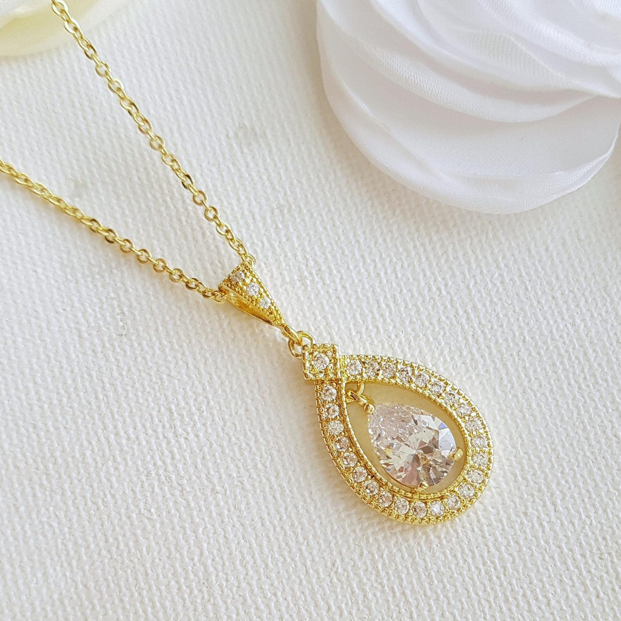 Teardrop Shape Rose Gold & Cubic Zirconia Wedding Necklace -Sarah