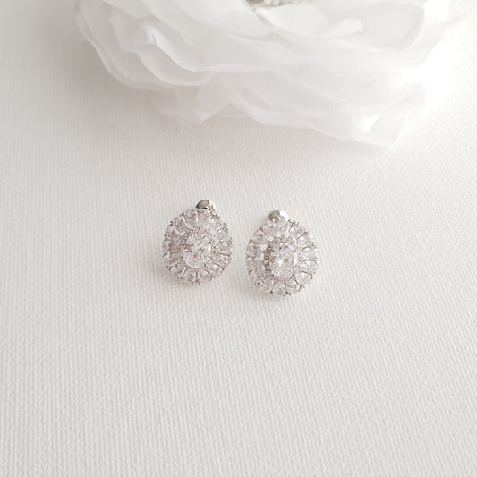 Dazzling Oval Halo Cubic Zirconia Stud Earrings for Brides-Indigo