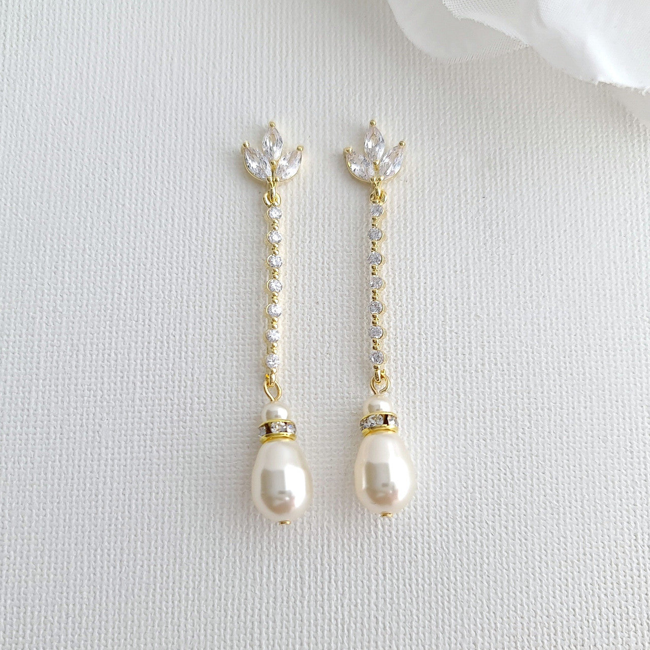 Skinny Long Pearl Drop Earrings in Rose Gold -Jodi