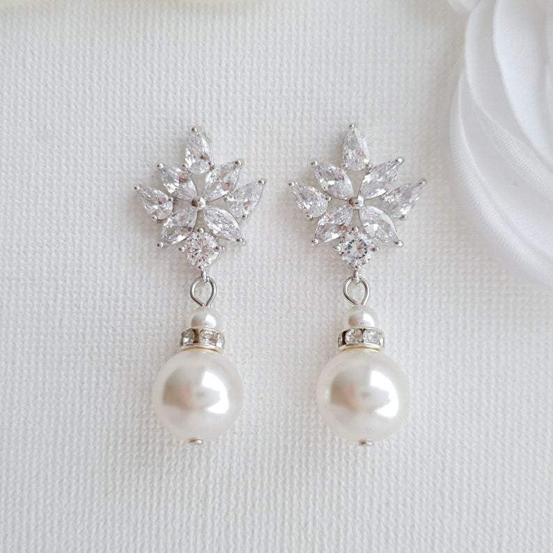Wedding Drop Earrings in Rose Gold & Round Pearls- Rosa
