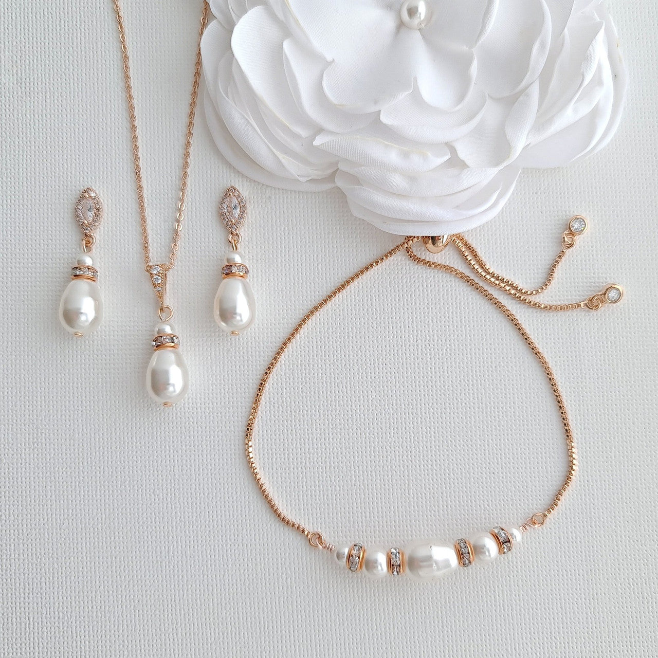 Simple Pearl Wedding Jewellery Set with Pearl Earring,Necklace,Bracelet for Brides-Ella