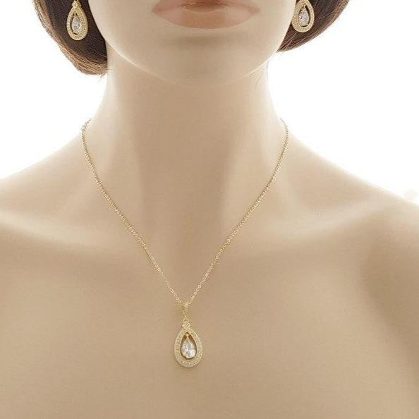 Gold Bridal Pendant Necklace Made of Teardrop Cubic Zirconia-Sarah