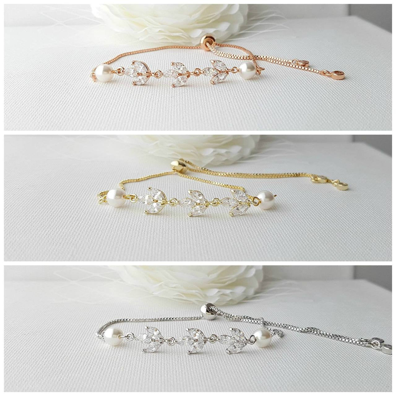 CZ & Pearl Bracelet for Bride in Silver, Gold & Rose Gold-Leila