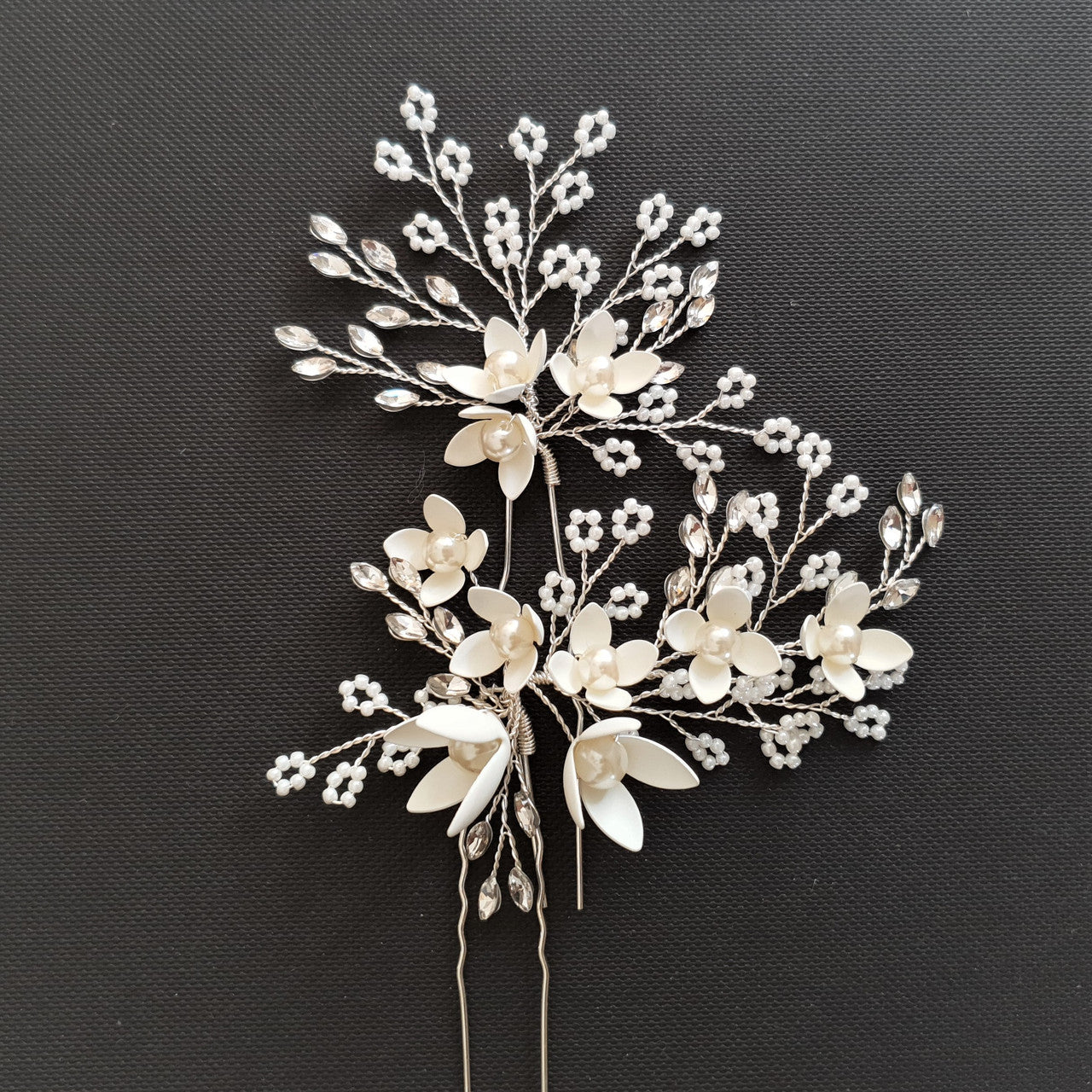 Small White Flowers Bridal Hair Pins With Pearls- Iris