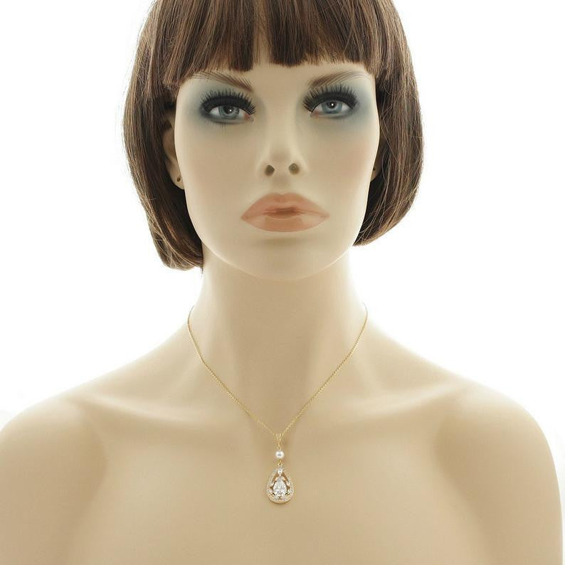 Teardrop Cubic Zirconia Pendant Necklace in 14K Gold for Weddings-Esther