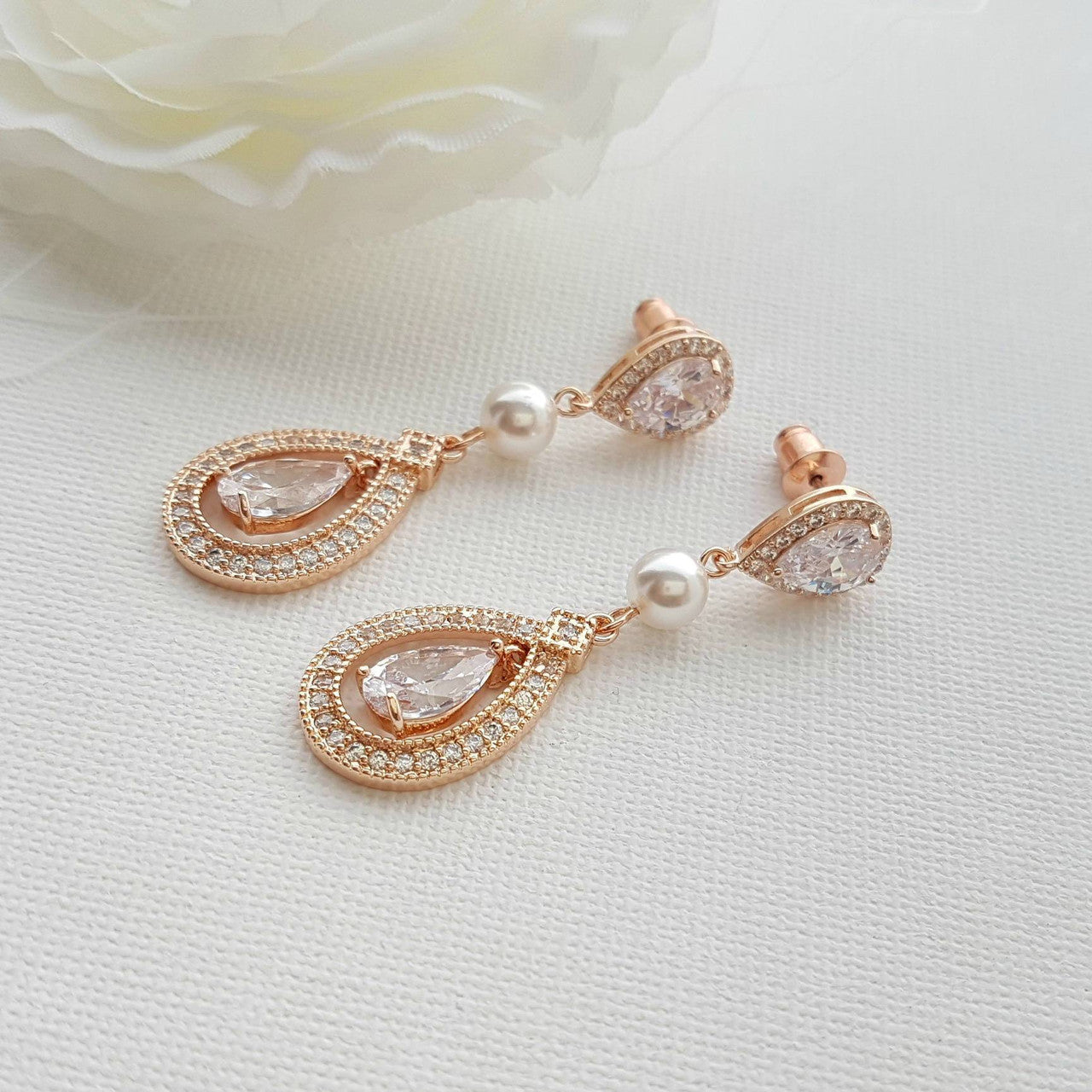 Crystal Wedding Earrings With CZ & Pearl- Sarah