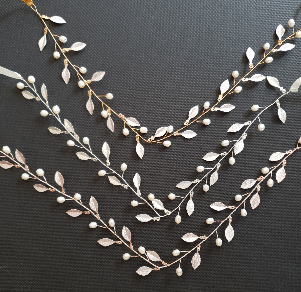 Tiny Gold Leaf and Pearl Headpiece- Sweet Peas