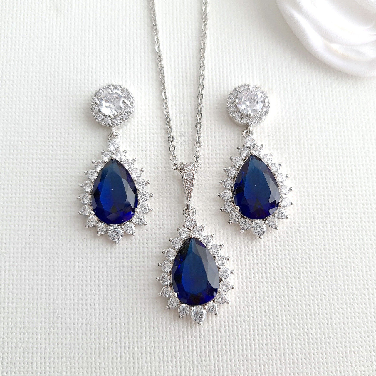 Sapphire Blue Stone Earrings Bracelet Necklace Set-Aoi