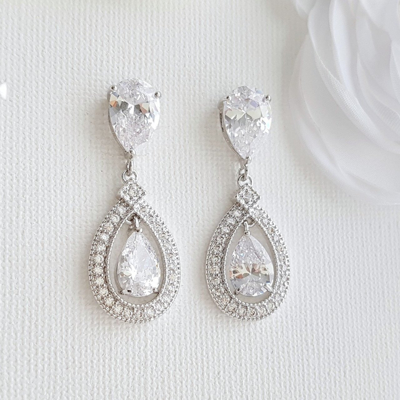 Silver Crystal Drop Bridal Earrings- Sarah