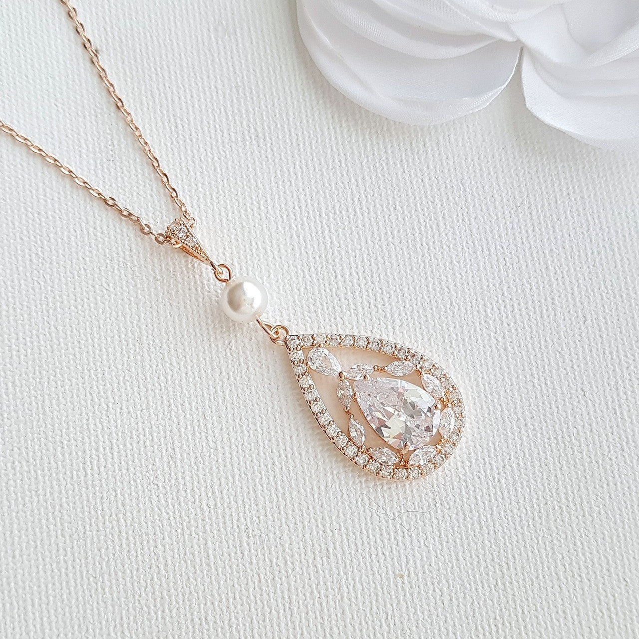 Teardrop Pendant Necklace for Wedding in Rose Gold & Pearl-Esther