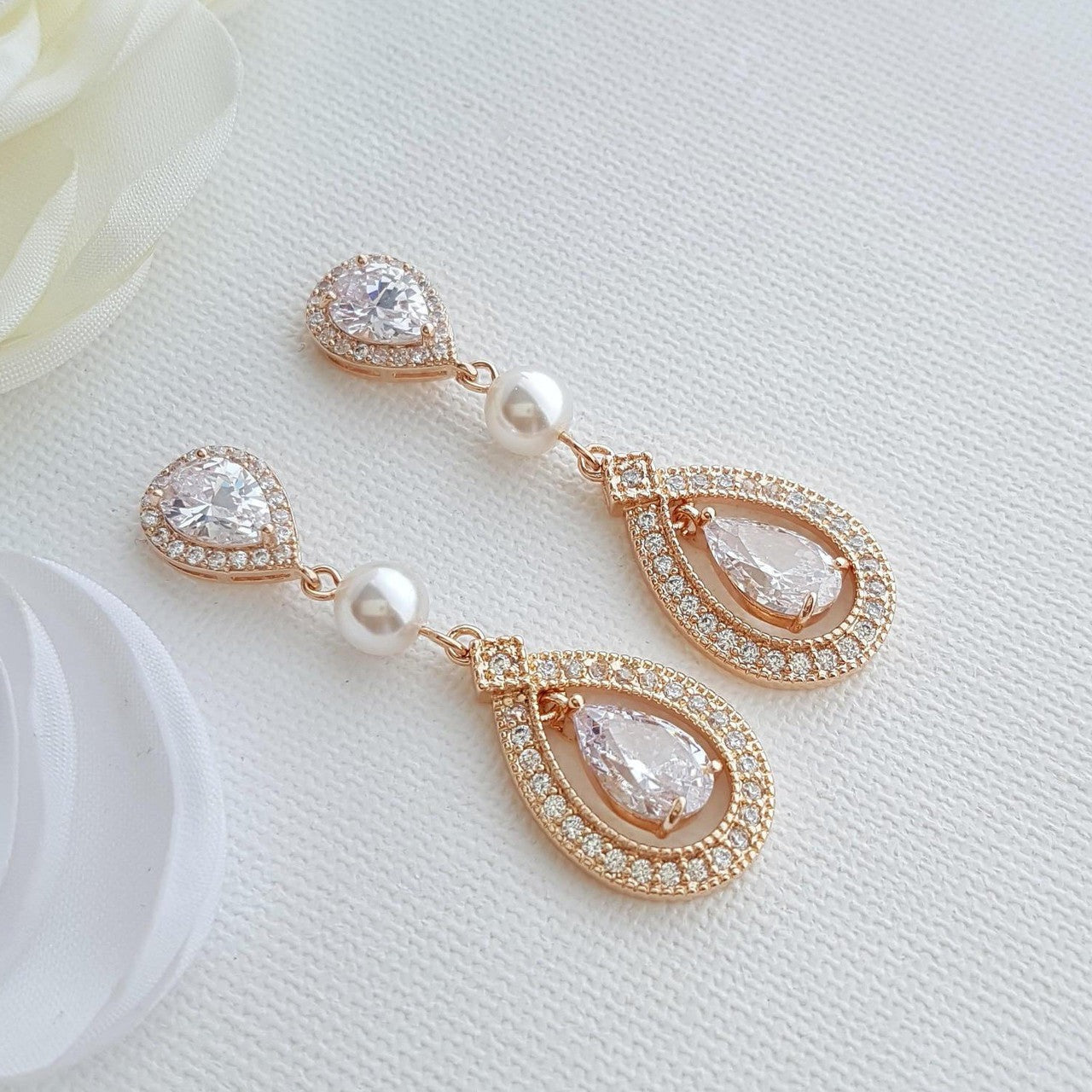 Crystal Wedding Earrings With CZ & Pearl- Sarah