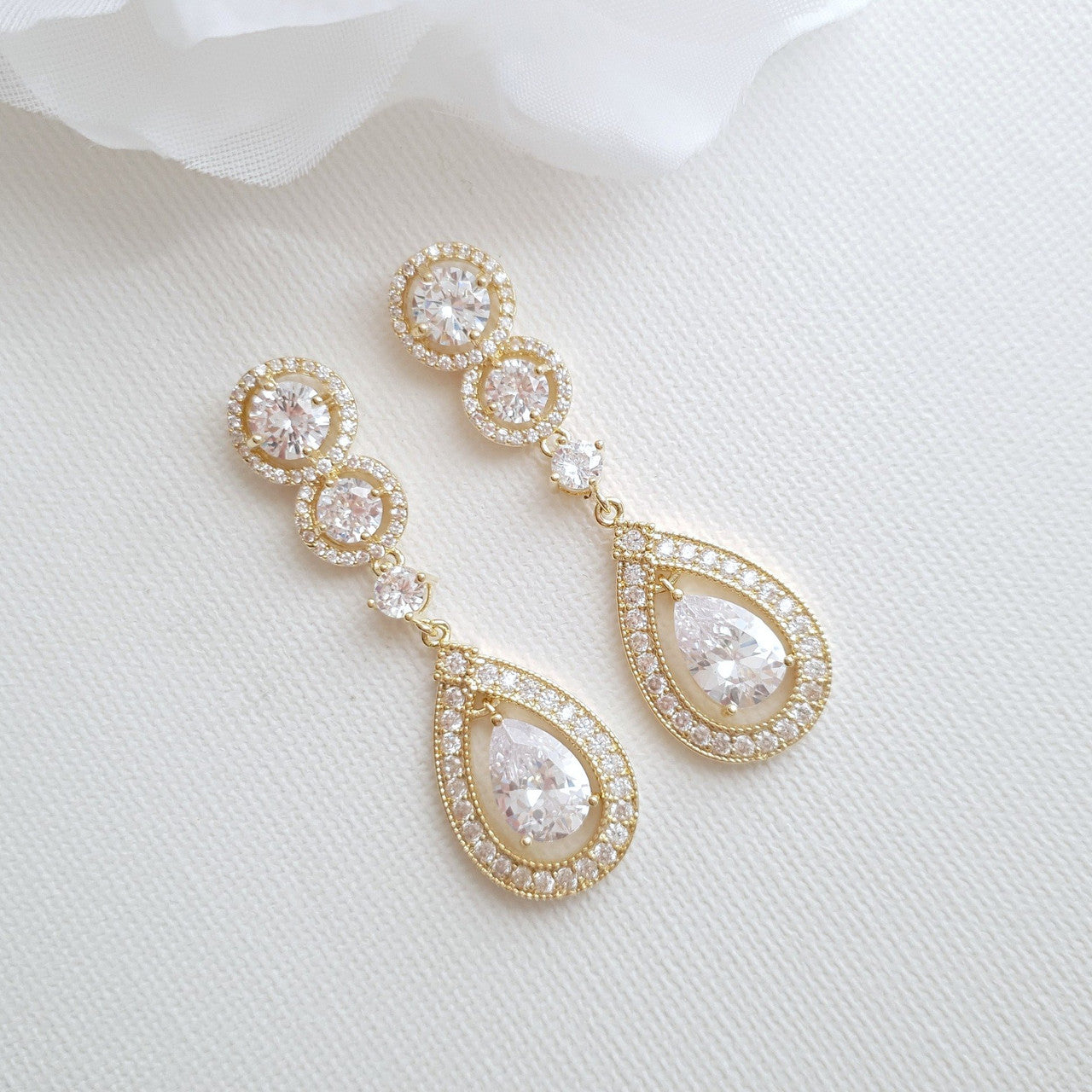 14k Gold Plated Cubic Zirconia Bridal Earrings- Sarah