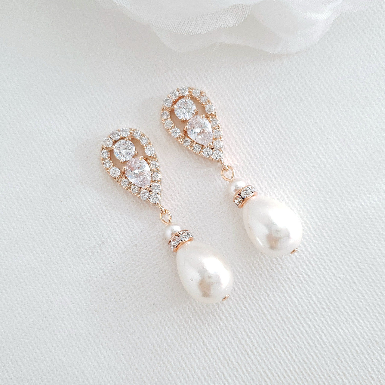 Rose Gold Pearl Drop Earrings-Cera