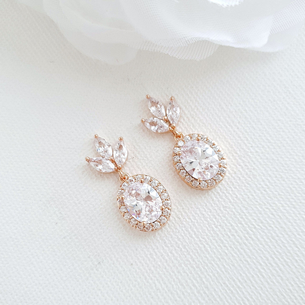 Small Bridal Earrings With Oval Crystals & Rose Gold- Emily