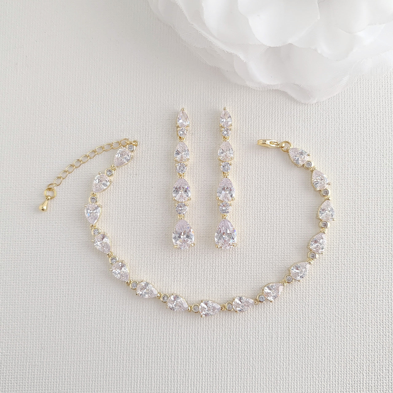 Gold Bracelet Earrings and Necklace Wedding Jewelry Set-Hazel