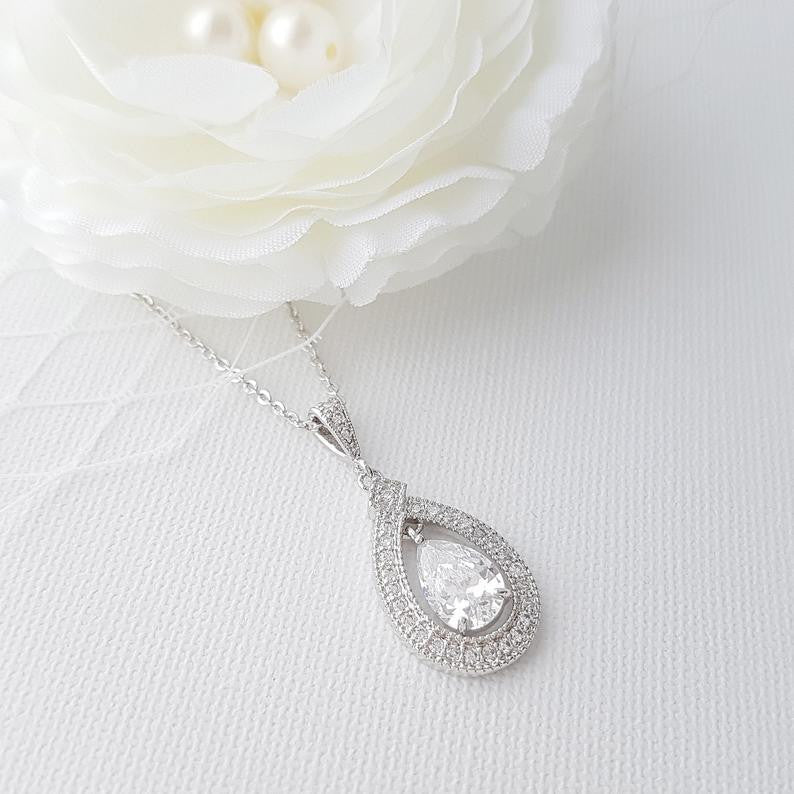 Silver Plated Teardrop Cubic Zirconia Crystal Necklace for Wedding- Sarah