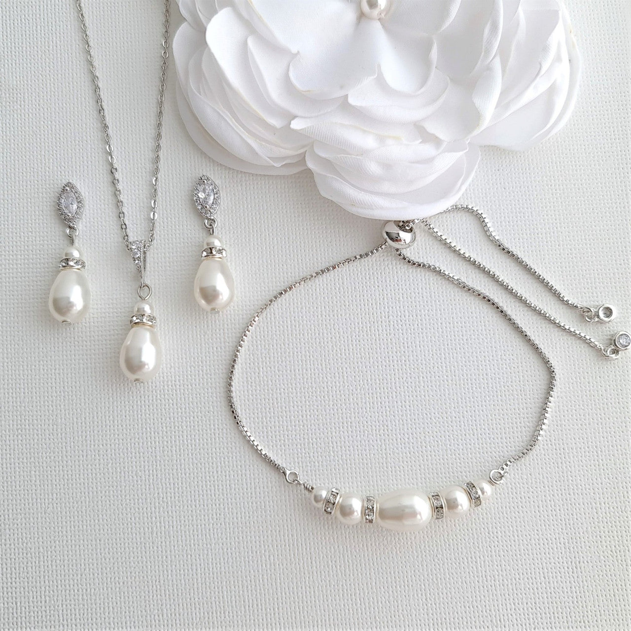 Jewellery Set for Brides With Pearl Bracelet+Pearl Earrings+Pearl Necklace-Ella