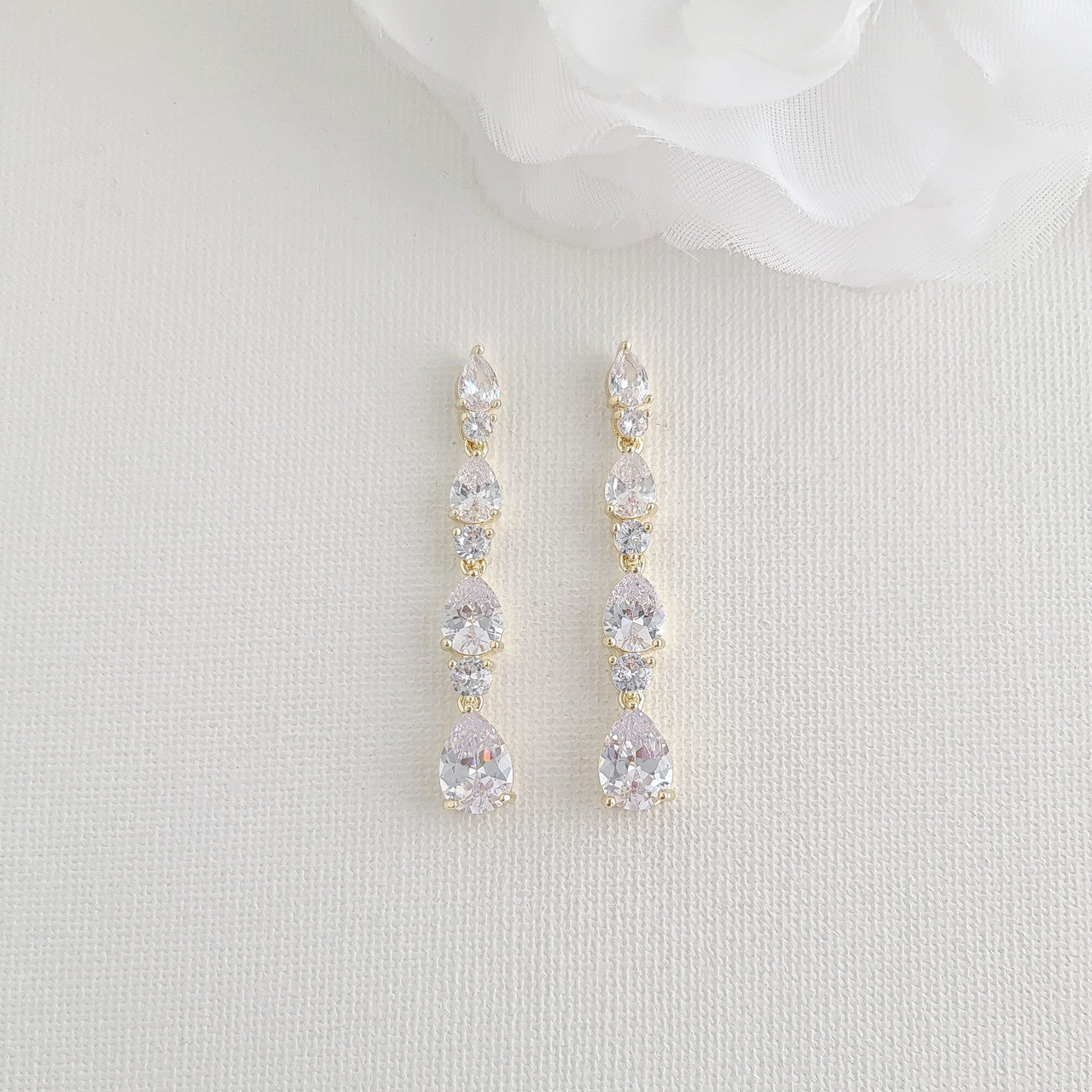 Bridal Drop Earrings in Rose Gold with Small CZ Teardrops-Hazel