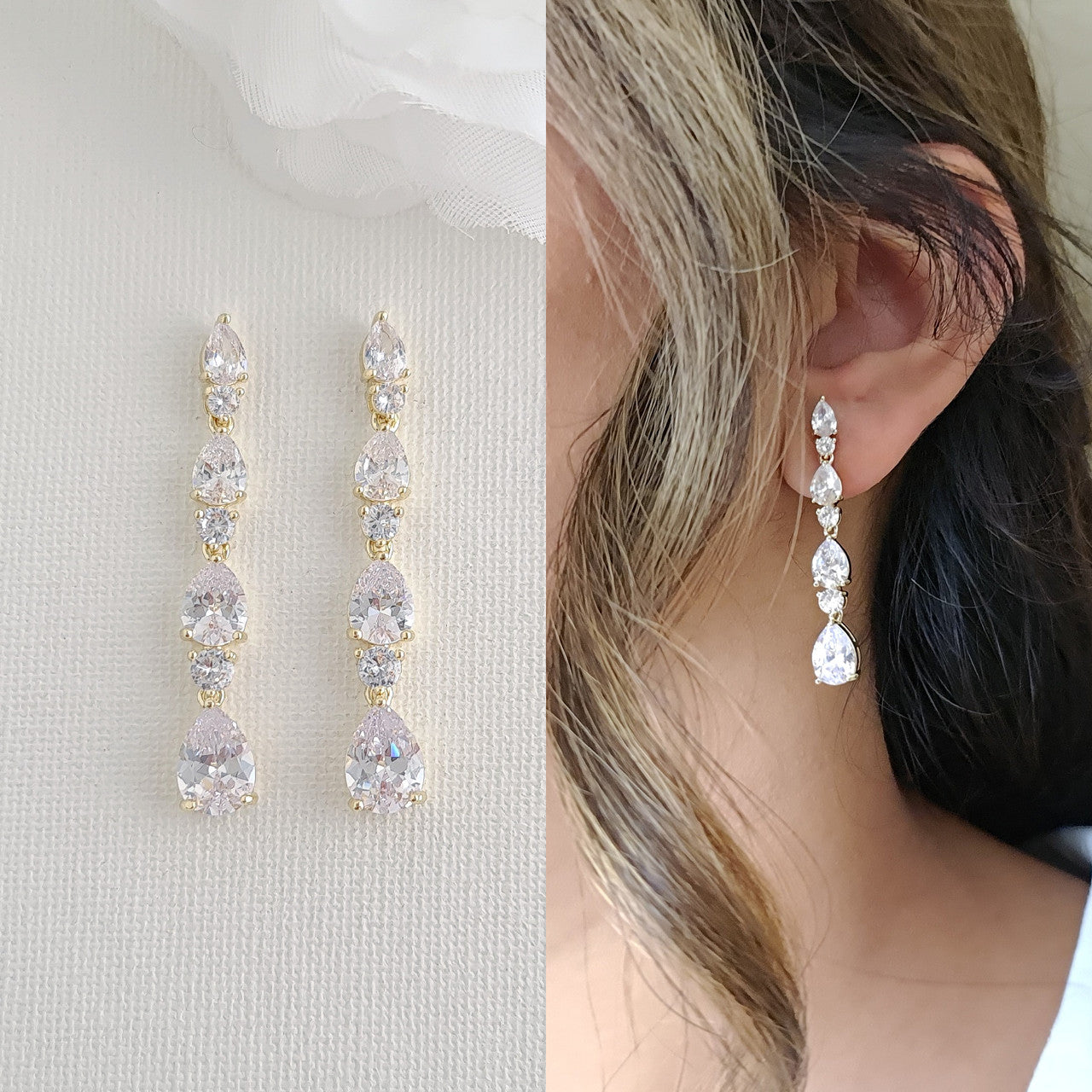 Bridal Drop Earrings in Rose Gold with Small CZ Teardrops-Hazel