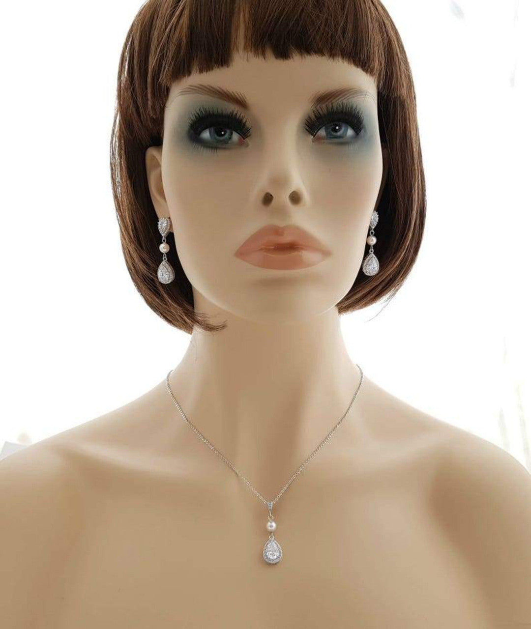 Drop Pearl and Crystal Earring and Necklace Set- Emma