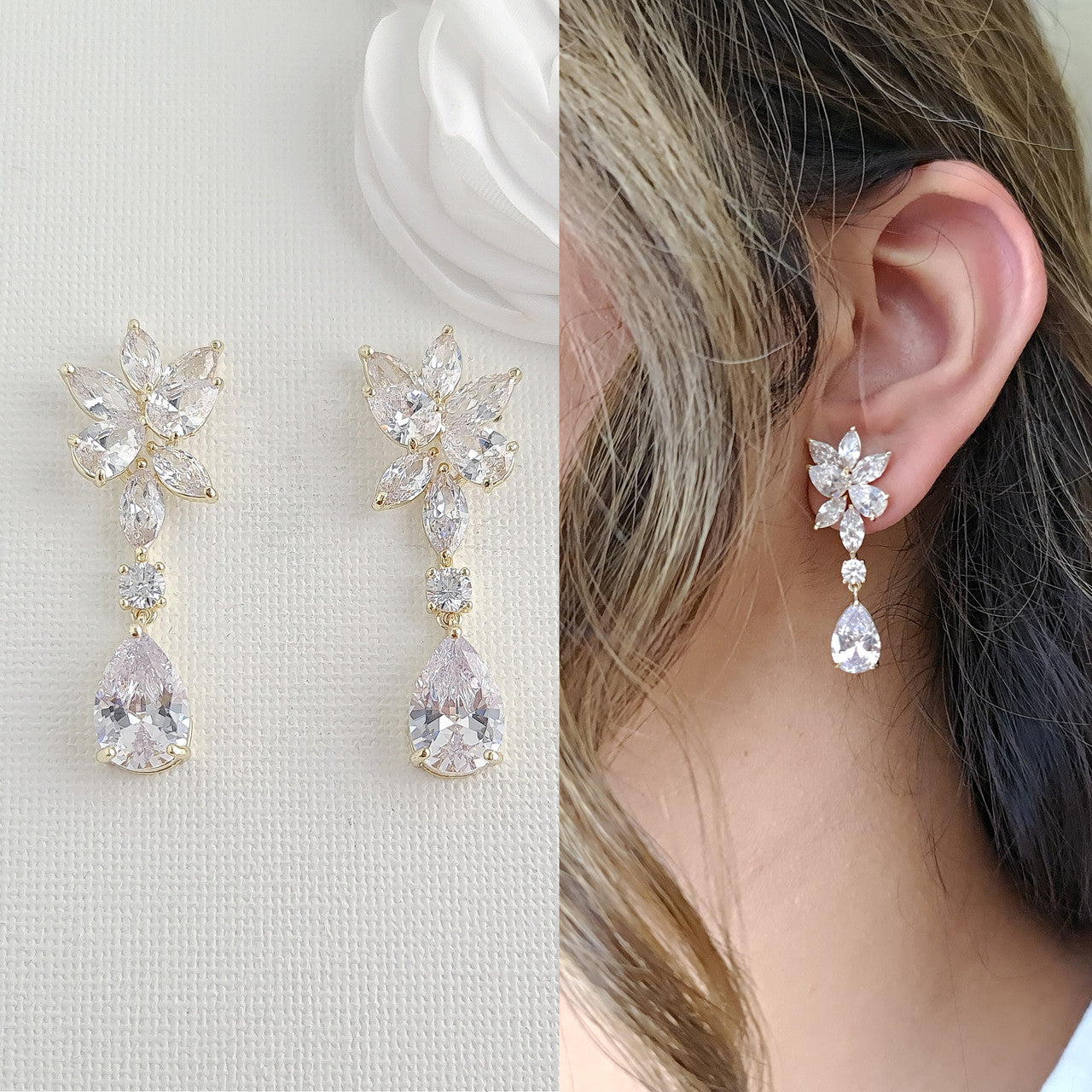 Floral Bridal Earrings with Teardrops-Ivy